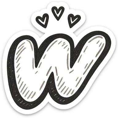plump hand-drawn Wattpad logo 'w' with bold outline, expressive shadows and highlights, crown of small hearts above the logo sticker