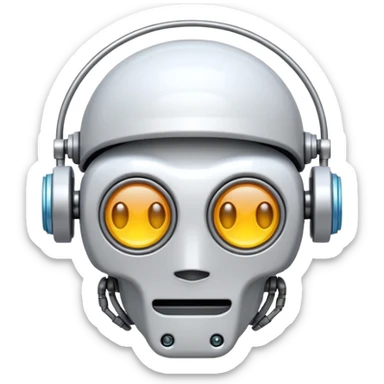 Emoji stylisé d'un cerveau robotique avec un circuit imprimé visible et un petit halo lumineux au-dessus, fond blanc sticker