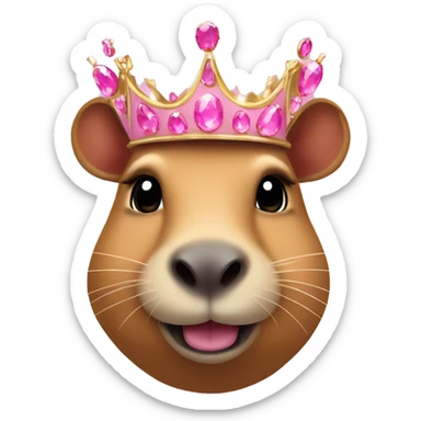 Capybara smiling using a pink crown with pink gems sticker
