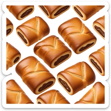 Cinematic warm pain au chocolat, flaky golden-brown pastry with a rich chocolate filling peeking through, perfectly crisp exterior, soft glowing highlights, inviting and indulgent. sticker