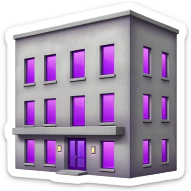 Small gray concrete apartment building with bright purple window glow, stark and simple sticker