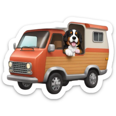 bernese mountain dog driving motorcamper and wood-fire sticker