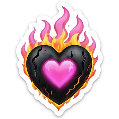 Black heart on fire with pink flames sticker