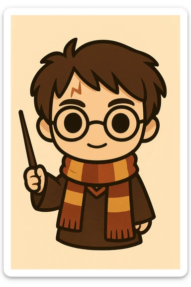 Illustration of Harry Potter in a cute, cartoon, and simplified style matching the previous hippogriff: boy with round glasses, scar on forehead, striped scarf, dark brown hair, and wand. Use bold black lines and soft colors. sticker