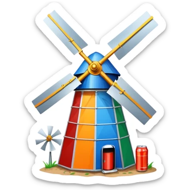quirky and colorful windmill made from recycled objects like cans, bottles, and old metal sticker