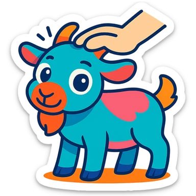 Make the cute cartoon goat look animated with a hand patting its head, in vibrant toon style. Keep the background simple or transparent. sticker