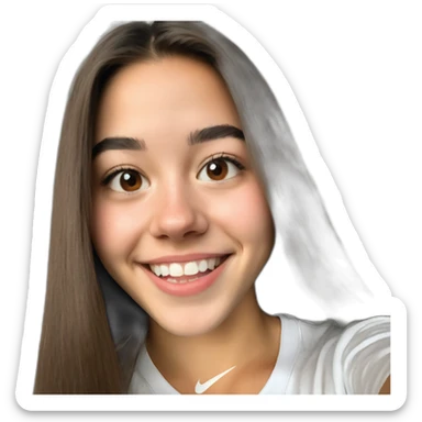 Spaniard Teenager girl long Brown straight hair funny face smiling taking selfie wearing nike t-shirt sticker