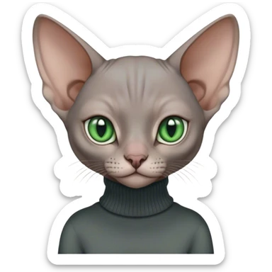 sphinx cat with green eyes and wearing a dark grey turtleneck sweater sticker