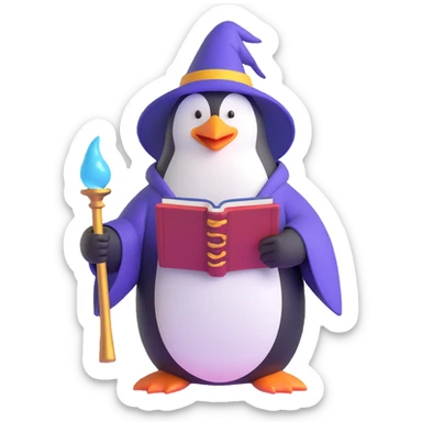 penguin wizard with a long beard, holding a spellbook, mystical, charming sticker