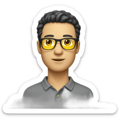 White man with yellow tinted glasses and black hair in a polo shirt sticker