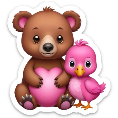 A cute brown bear and a realistic cute pink dodo closely together sticker