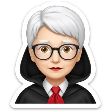 An older woman with glasses and white hair, in a red tie and black cape sticker