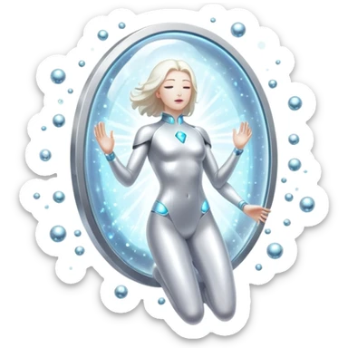 Silver capsule levitating among bright shining particles, with a translucent shield floating over an ethereal immune defense figure and a radiant thyroid gland in the background sticker