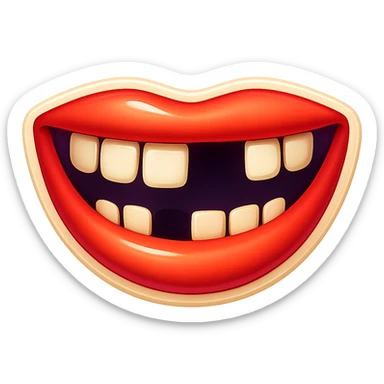 Edit the emoji to have a wide smile with two missing teeth, keeping the same retro stickers style and no background. sticker