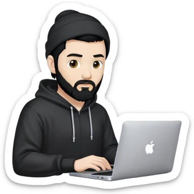 hackeur blanc cheveux noir barbe et capuche noir avec un macbook sticker