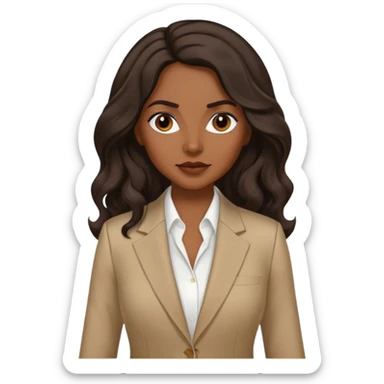 dark brown woman with dark brown long wavy hair with middle part and an executive tan suit  sticker