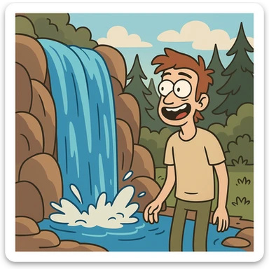 cartoon style waterfall with bright blue water and simple forest background sticker