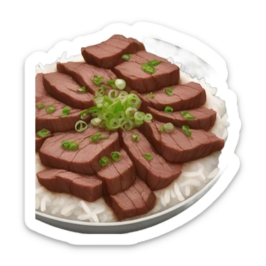 Bulgogi thin sliced beef Korean dish with white rice and onion slices, with green onion on top  sticker