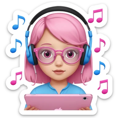 Little girl with headphones when pink eyes and pink iPad and pink dreamy background and rose colored glasses and blue music notes around her sticker