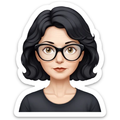 white woman about 50 years old with light warm skin, wavy black hair to the neck, neutral determined expression, large black shiny butterfly or cat-eye glasses, white casual t-shirt, calm and creative energy sticker