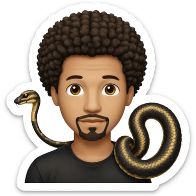 Homme noir, yeux marron avec un bouc sans la moustache, cheveux court et bouclé crépus avec un dégradé sur le côté, avec un cobra à côté , t-shirt noir  sticker