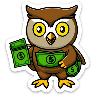 charming pastel-toned owl character, large green eyes, golden feathers, holding a money pouch in its feet, sticker style, emphasizing sparkling effect sticker