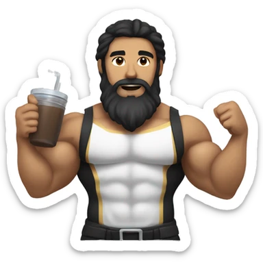 tan white man with long brown hair and a thick black beard with muscles and abs, drinking a protein shake sticker
