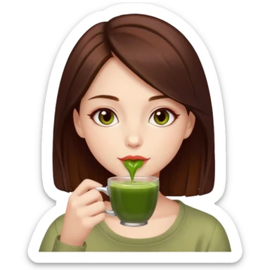 beautiful brunette with slightly cherry red tinted hair , with dark hazel eyes (let's call her kami), sipping matcha sticker
