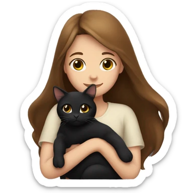 Girl with long brown hair hugging a black cat  sticker