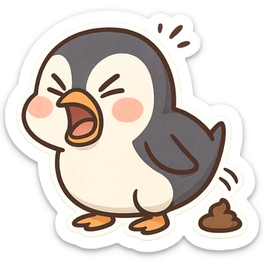 a funny penguin mid-poop, exaggerated expression sticker
