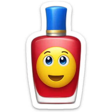 Red perfume with a blue cap and a yellow collar next to it sticker