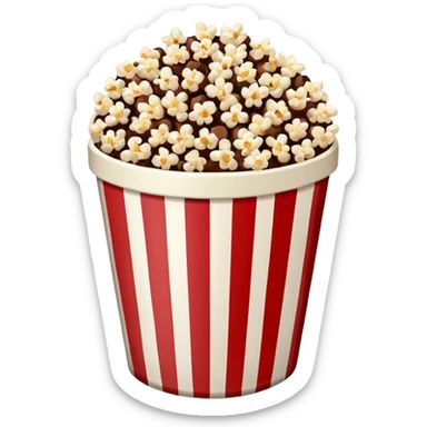 Chocolate popcorn in a paper jar with red and white vertical lineso sticker