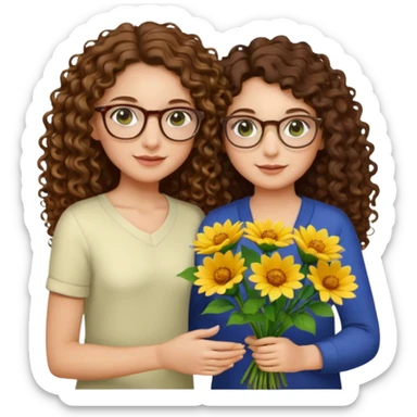 light skinned brunette long curly haired woman with green/hazel eyes framed with fine round gold rimmed glasses holding big bright bunch of flowers with one hand and young kindergarten age daughter's hand (also with long brown curly hair) in other. White background. sticker