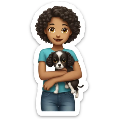 Cute girl with curly dark hair with a small dog in her arms sticker