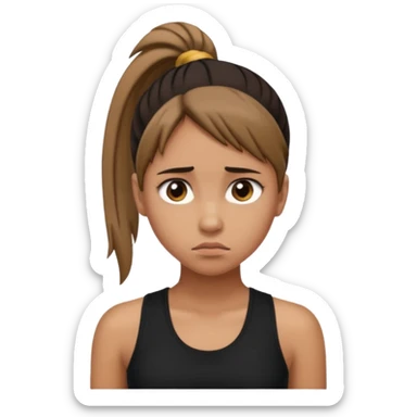 a tan girl with a ponytail, black tank top, . Looking sad sticker