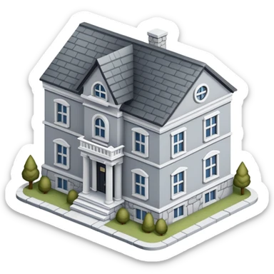 Gray stone fraternity house, isometric dollhouse-style, realistic sticker