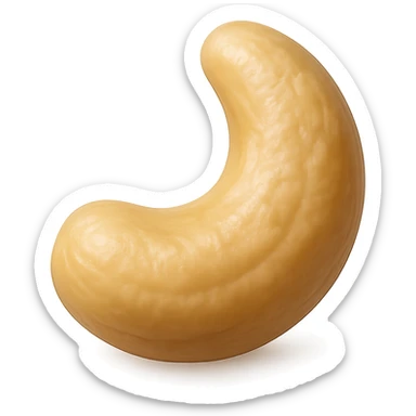 Show only a single cashew nut in a realistic crescent shape with a smooth, slightly wrinkled beige or light tan texture. The cashew should appear glossy and slightly roasted with a soft sheen, placed on a pure white background. The style should resemble 3D emoji style with realistic details. sticker