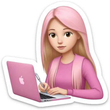 Mujer lacia peli larga y peli larga  en una MacBook rosa investigando y haciendo tareas con un libro de apuntes y con cara muy linda como modelo sticker