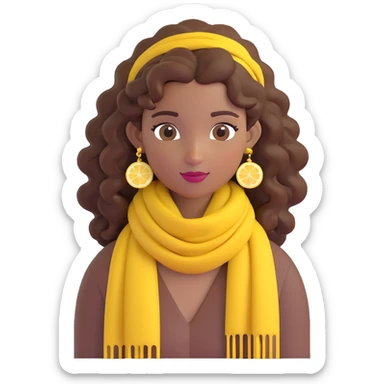 bohemian girl emoji, brown skin, long curly brown hair worn up, lemon yellow scarf, round earrings sticker