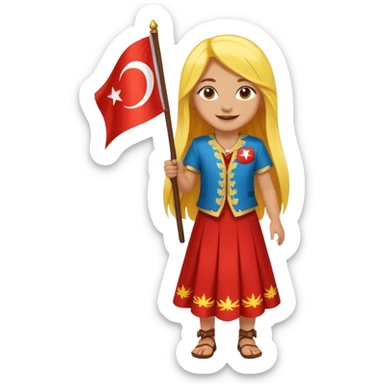 ultra sexy happy Turkish girl with Turkish flag in national outfit, full body, long yellow hair sticker