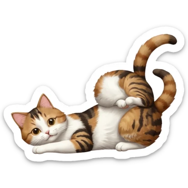 brown tabby and white cat with doing a big extremely long stretch reaching up into the air with arms and legs side by side together straight and overextended whilst lying on its side sticker
