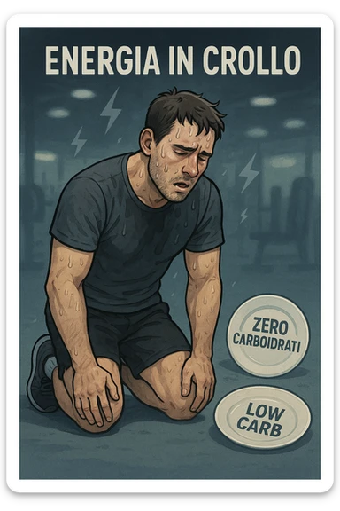 Uomo sportivo sui 30 anni in palestra, inginocchiato, esausto, con il volto sudato e un’espressione di forte stanchezza. Le luci della palestra sembrano sfocate, a simboleggiare confusione mentale. Accanto a lui, piatti vuoti con scritte tipo 'zero carboidrati', 'low carb'. I muscoli appaiono sgonfi e senza tono, mentre piccoli simboli di energia (come fulmini grigi spenti) si allontanano dal suo corpo. In alto, la scritta 'Energia in crollo'. Atmosfera spenta, colori freddi, sensazione di vuoto e affaticamento. in italiano sticker
