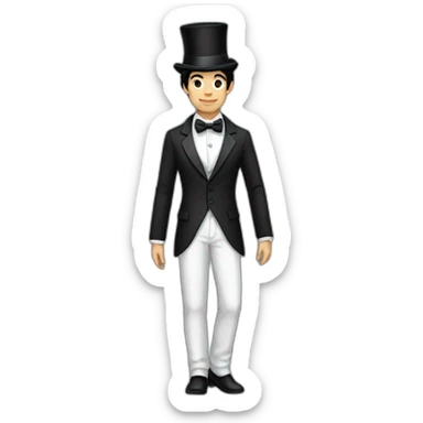 Full body young man, black hair, white bow,, white bow tie, black suit and top hat, sticker