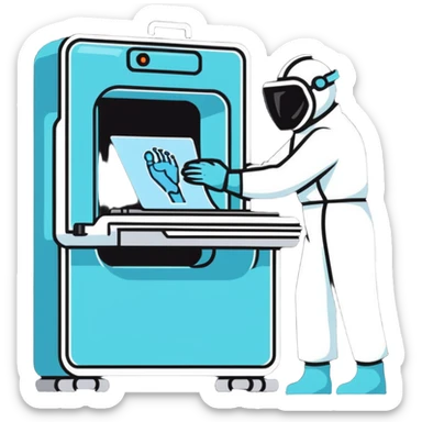 A friendly radiologist operating an X-ray machine, wearing protective gear sticker