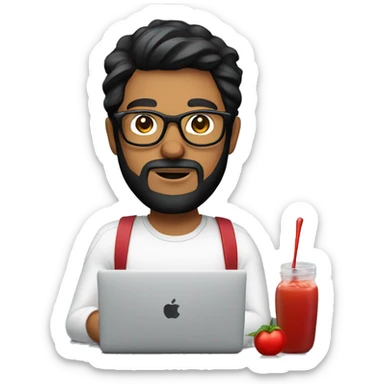 Designer with black hair, beard and glasses working with MacBook and holding ketchup sticker