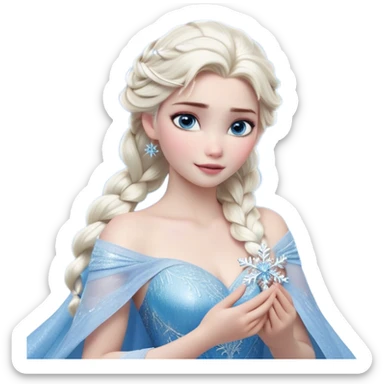 Cinematic Realistic Elsa Portrait, depicted with lifelike skin texture, soft natural lighting, and intricately detailed platinum blonde hair styled elegantly. Her striking, expressive blue eyes exude confidence and grace, complemented by a serene and regal expression. She holds a shimmering snowflake delicately in one hand, her other hand resting against her gown, embodying the power and beauty of winter. She is dressed in her signature icy attire, with shimmering fabric textures and delicate folds that catch the light beautifully. The portrait features a soft, enchanting glow with a cool, radiant finish, capturing the essence of timeless elegance in a realistic and painterly style. sticker