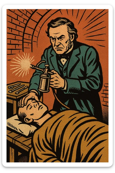 A victorian surgeon like Joseph Lister using a carbolic acid spray during an operation on a patient who is on a wooden operating table. There are surgical tools on a bench to the side and this takes place in a victorian operating room sticker