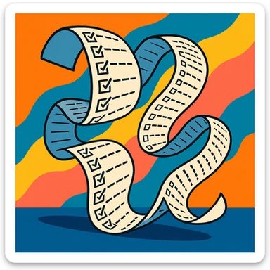 never-ending to-do list paper twisting and turning with exaggerated curves, filled with rows of tiny checkboxes, fading away in a vibrant cartoonish scene sticker