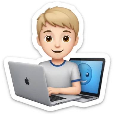 boy video editor facing a laptop, cheerful expression sticker