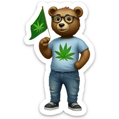 Bear dressed in jeans and tee shirt. Wearing glasses. Holding a flag in his right hand with a cannabis leaf on it. sticker